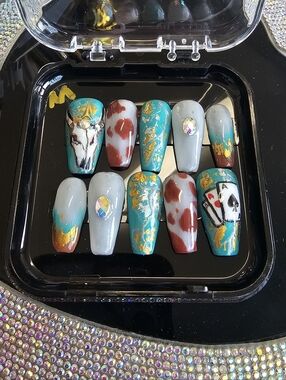 Hand-Painted Turquoise & White Press-On Nail Set with Gold Accents